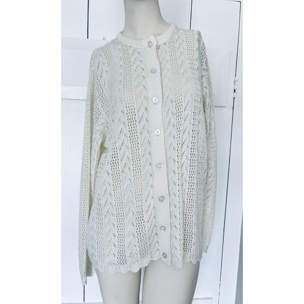 Vintage‎ Cardigan Chris Ann Knit Eyelet Scalloped 80s Cottagecore Fairy Cream